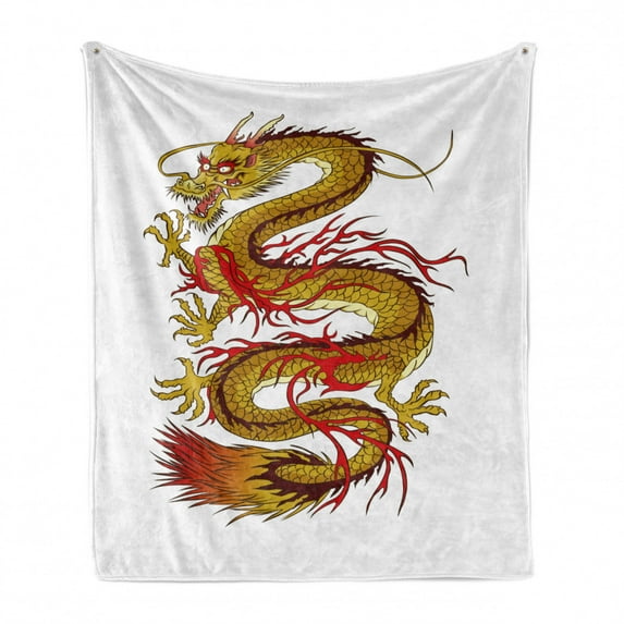 Japanese Dragon Soft Flannel Fleece Throw Blanket, Mythical Fiery Character Cultural, Cozy Plush for Indoor and Outdoor Use, 50" x 60", Mustard Vermilion Brown, by Ambesonne