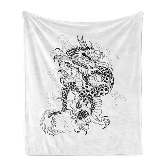 Japanese Dragon Soft Flannel Fleece Throw Blanket, Sketch Artwork Style Mighty with Claws Monster Tattoo Artwork, Cozy Plush for Indoor and Outdoor Use, 50" x 60", White Black, by Ambesonne