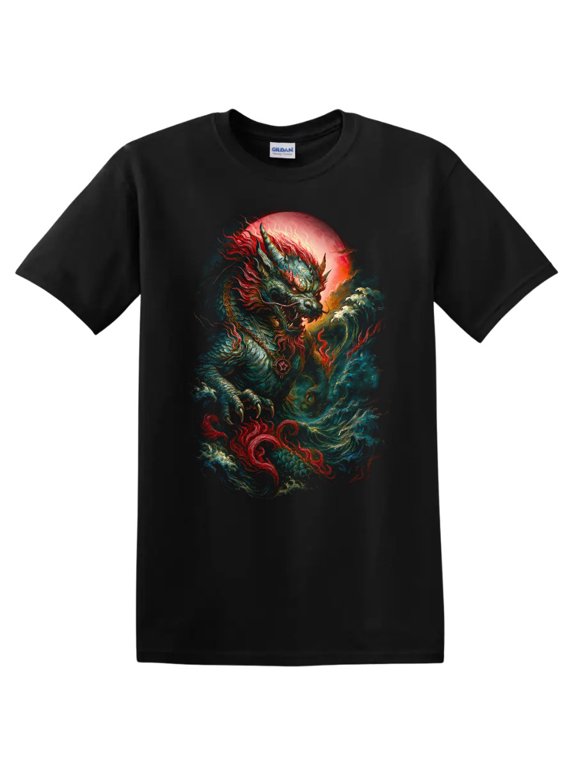 Japanese Dragon T Shirt Epic Design with Waves Mythical Creature Tee
