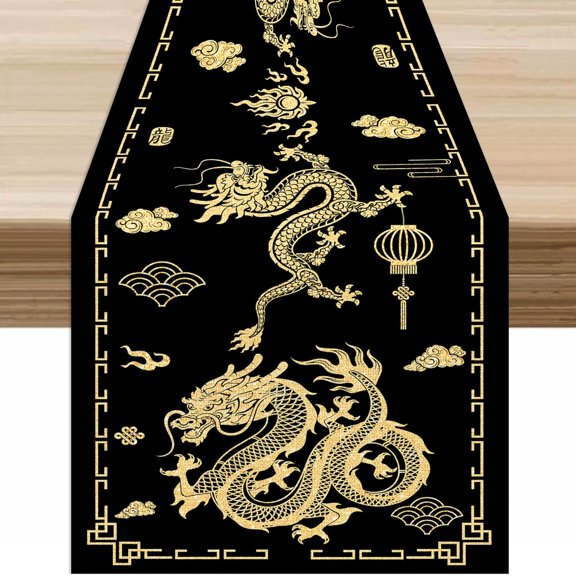 Japanese Dragon Table Runner Black Gold Simple Asian Style Chinese Lanterns Auspicious Clouds Table Decor Table Top Dining Wedding Party 13x120 ln