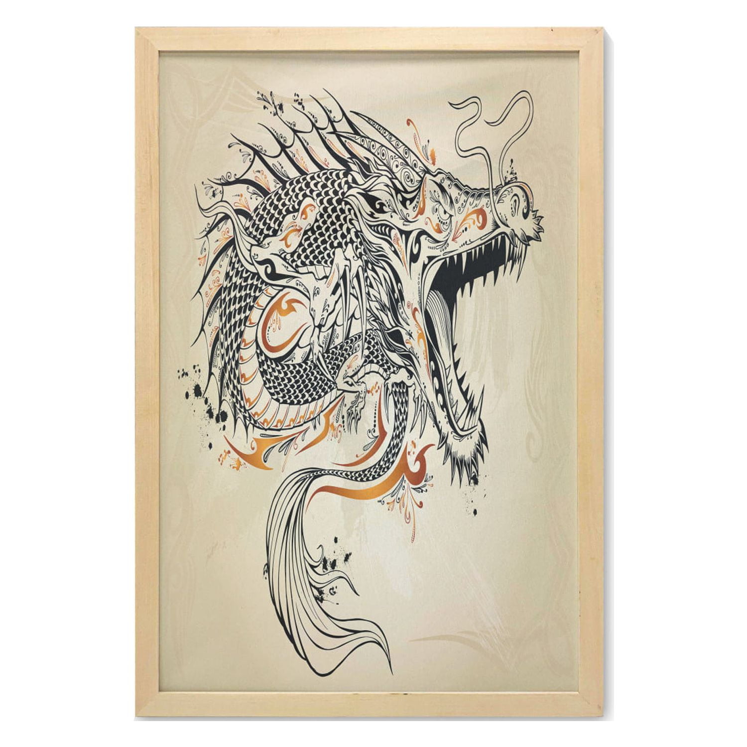 Japanese Dragon Wall Art with Frame, Doodle Style Roaring Creature with