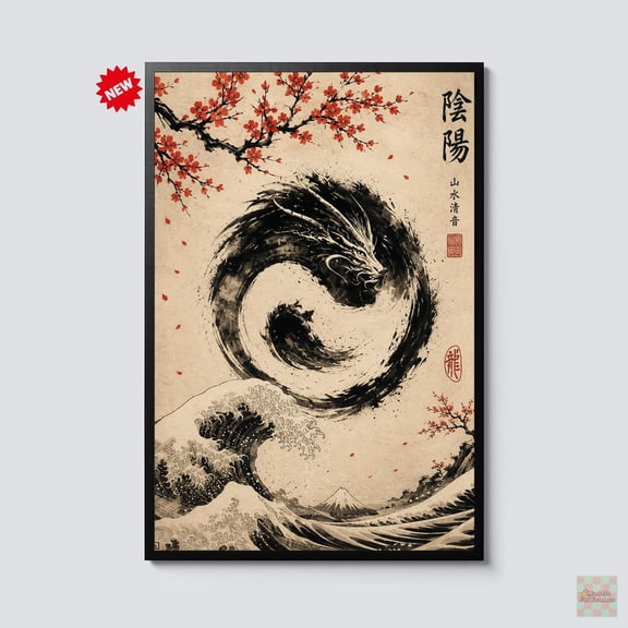 Japanese Dragon Wall Art Yin Yang Dragon Vintage Asian Wave Artwork Zen Japandi Decor Sakura Samurai Style Print