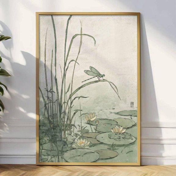 Japanese Dragonfly Lotus Pond Botanical Wall Art Decor Unframed Paper Print