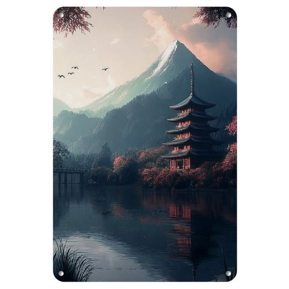 Japanese Dream Cherry Blossom & Mount Fuji Metal Wall Art - Weatherproof Iron Painting, Pre-drilled Vintage Japanese Scenery for Home & Office Decor, 8x12 Inches
