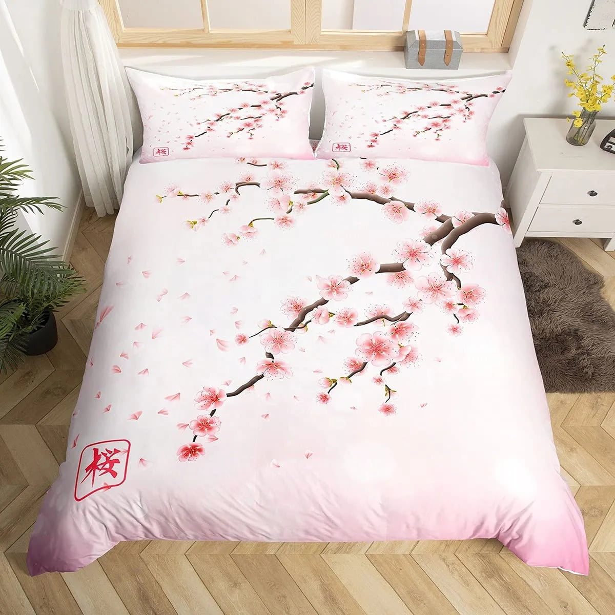Japanese Duvet Cover Set Branch of A Flourishing Sakura Tree Flower