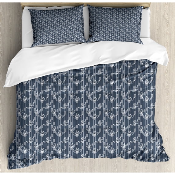 Japanese Duvet Cover Set, Flourishing Eastern Flowers on Stripes Graphic Vertical Pattern, Decorative 3 Piece Bedding Set with 2 Pillow Shams, Queen Size, Charcoal Grey Dark Blue, by Ambesonne