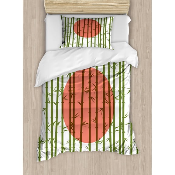 Japanese Duvet Cover Set, Folk Asian Themed Traditional Ornament with Exotic Trees and Sun, Decorative 2 Piece Bedding Set with 1 Pillow Shams, Twin Size, Salmon Olive Green and White, by Ambesonne