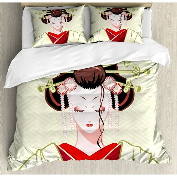 Japanese Duvet Cover Set, Geisha Woman Portrait Traditional Kimono Maiko Cultural Hairdo, Decorative 3 Piece Bedding Set with 2 Pillow Shams, King Size, Green Red Pale Yellow, by Ambesonne