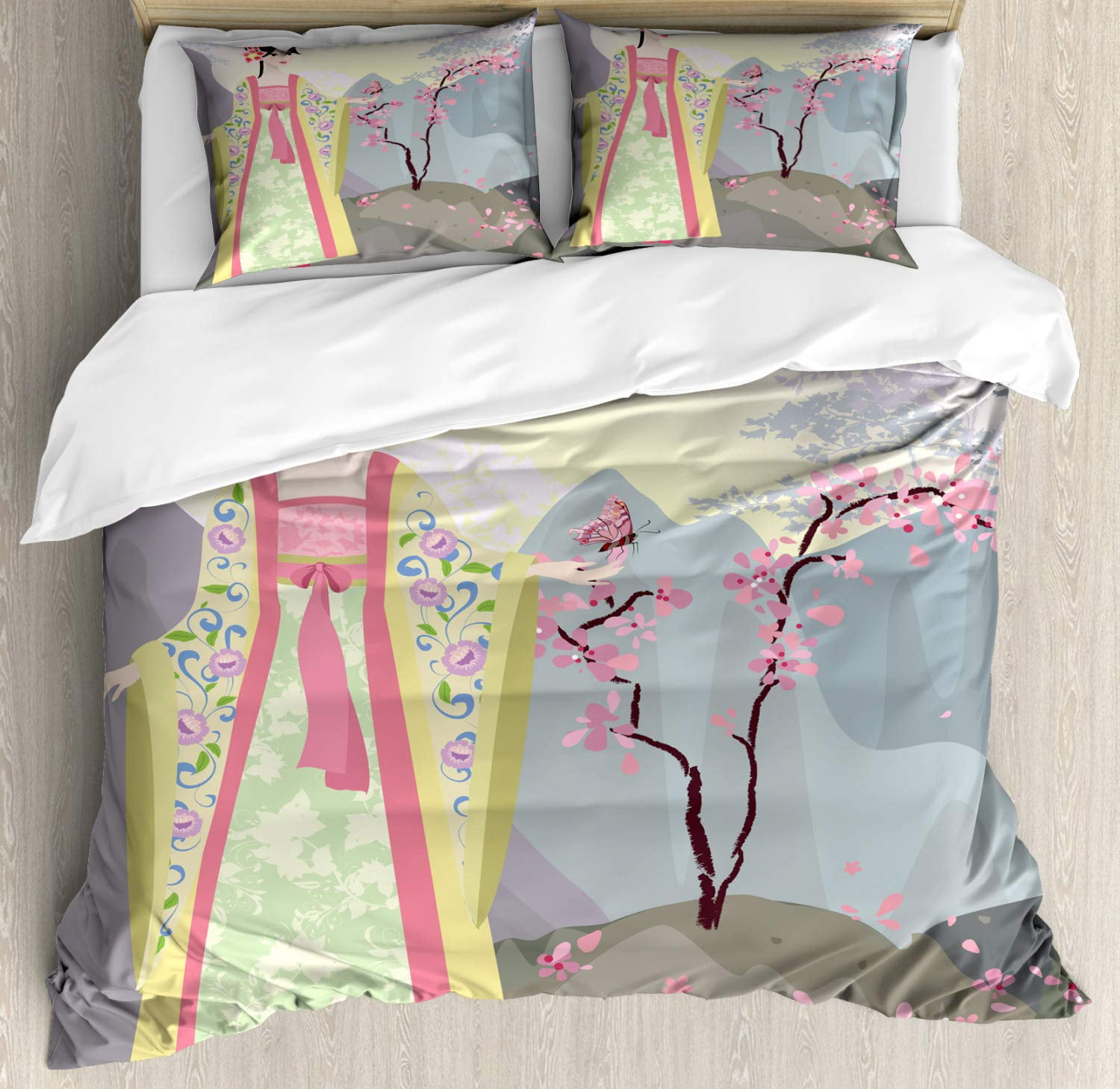 Japanese Duvet Cover Set Girl In Traditional Dress and Cultural
