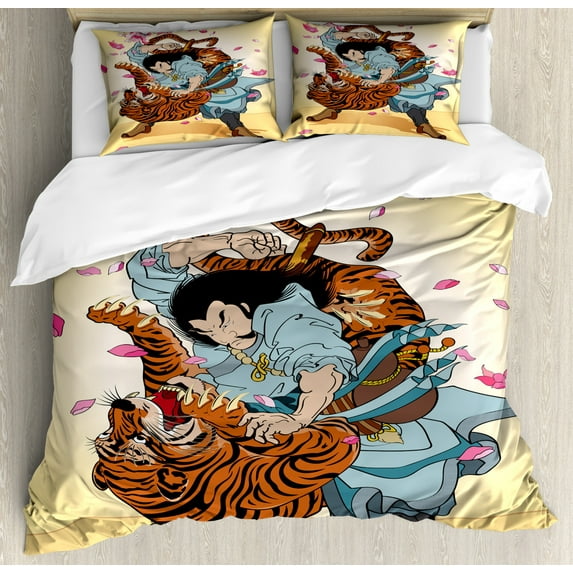 Japanese Duvet Cover Set King Size, Brave Samurai and Tiger Clash Turn into Floral Sakura Cherry Blossoms Cartoon Print, Decorative 3 Piece Bedding Set with 2 Pillow Shams, Multi, by Ambesonne