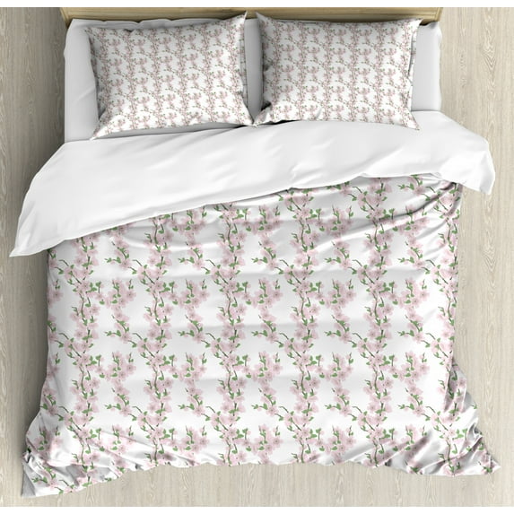 Japanese Duvet Cover Set King Size, Far Eastern Nature Theme Pink Spring Sakura Flowers and Leaves, Decorative 3 Piece Bedding Set with 2 Pillow Shams, Baby Pink Green and White, by Ambesonne