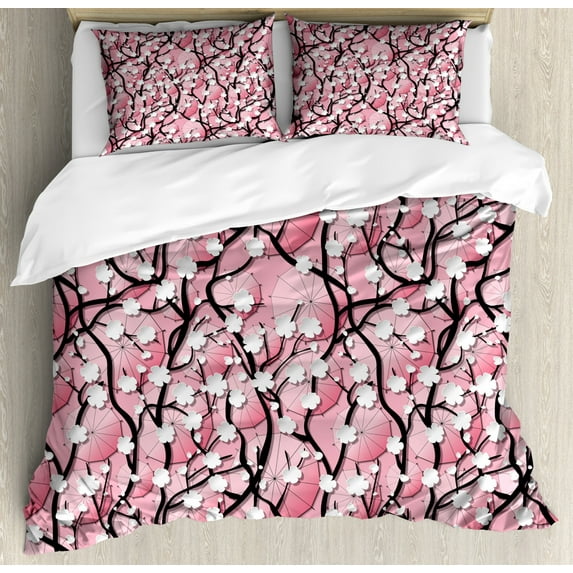 Japanese Duvet Cover Set King Size, Japanese Sakura Tree Flowers on Umbrellas and Curved Branches Romantic Blooms Art, Decorative 3 Piece Bedding Set with 2 Pillow Shams, Black Pink, by Ambesonne