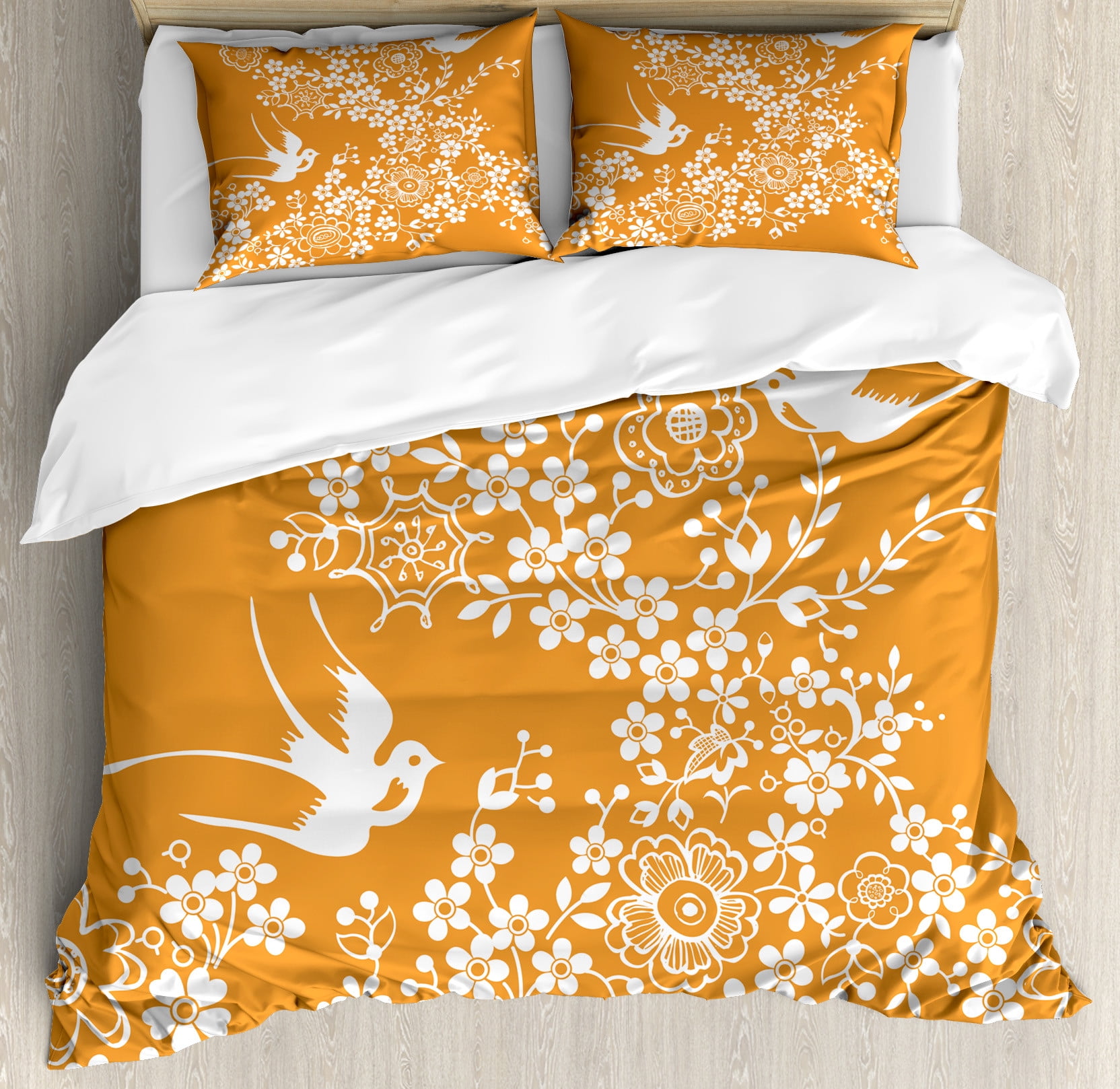 Japanese Duvet Cover Set, Oriental Floral Japanese Style Flying Birds