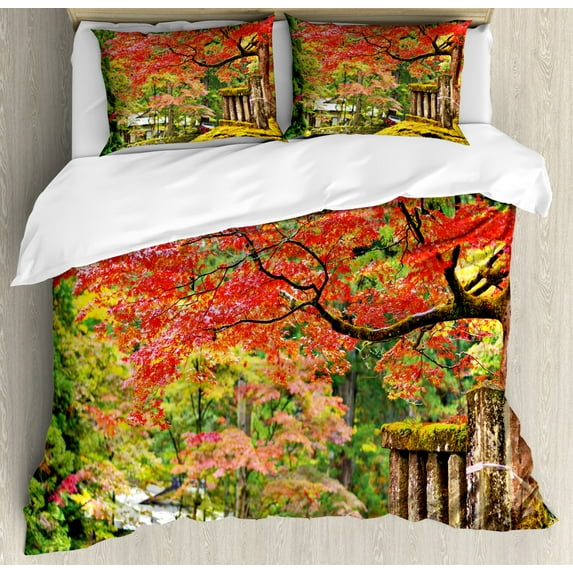 Japanese Duvet Cover Set Queen Size, Autumn Scenery with Sakura Tree Cherry Blooms in Nikko Provinence Japan, Decorative 3 Piece Bedding Set with 2 Pillow Shams, Vermilion Green Brown, by Ambesonne