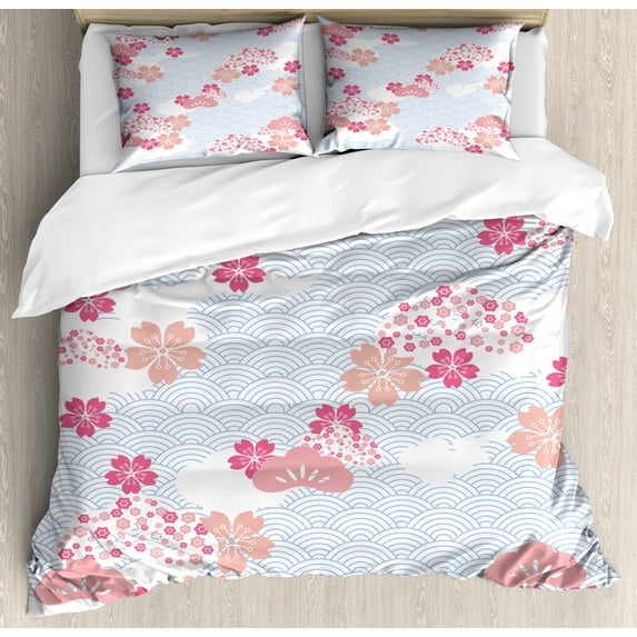 Japanese Duvet Cover Set Queen Size, Squama Pattern with Cherry Blossom Land of the Rising Sun Pattern, Decorative 3 Piece Bedding Set with 2 Pillow Shams, Peach Dark Coral Pale Blue, by Ambesonne