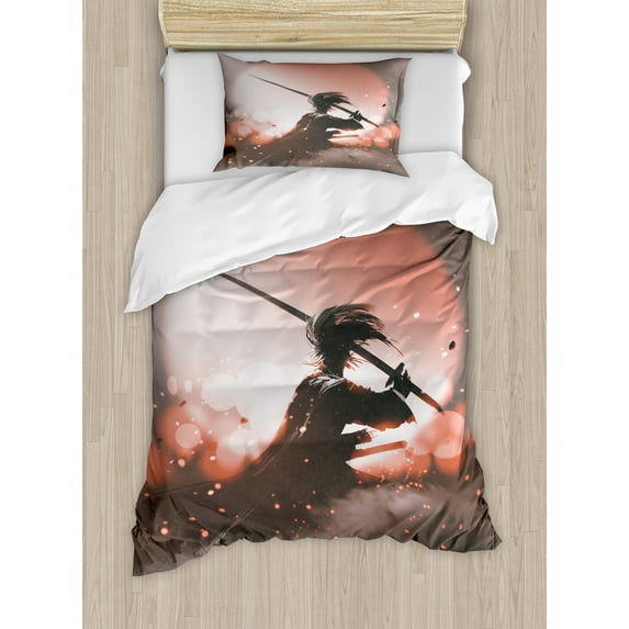 Japanese Duvet Cover Set, Reflection of Samurai Practicing Sunset Background Free from Death Concept, Decorative 2 Piece Bedding Set with 1 Pillow Shams, Twin Size, Salmon Umber, by Ambesonne