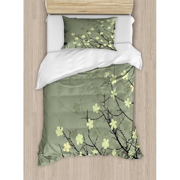 Japanese Duvet Cover Set, Retro Flourishing Twiggy Eastern Blossoms Botanical Metaphoric Concept, Decorative 2 Piece Bedding Set with 1 Pillow Shams, Twin Size, Beige Brown, by Ambesonne