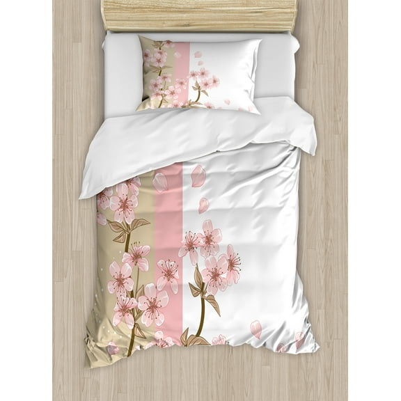Japanese Duvet Cover Set, Romantic Sakura Blooms Flowers Petals Spring Wind Eastern Nature Theme, Decorative 2 Piece Bedding Set with 1 Pillow Shams, Twin Size, Sand Brown Pale Pink, by Ambesonne