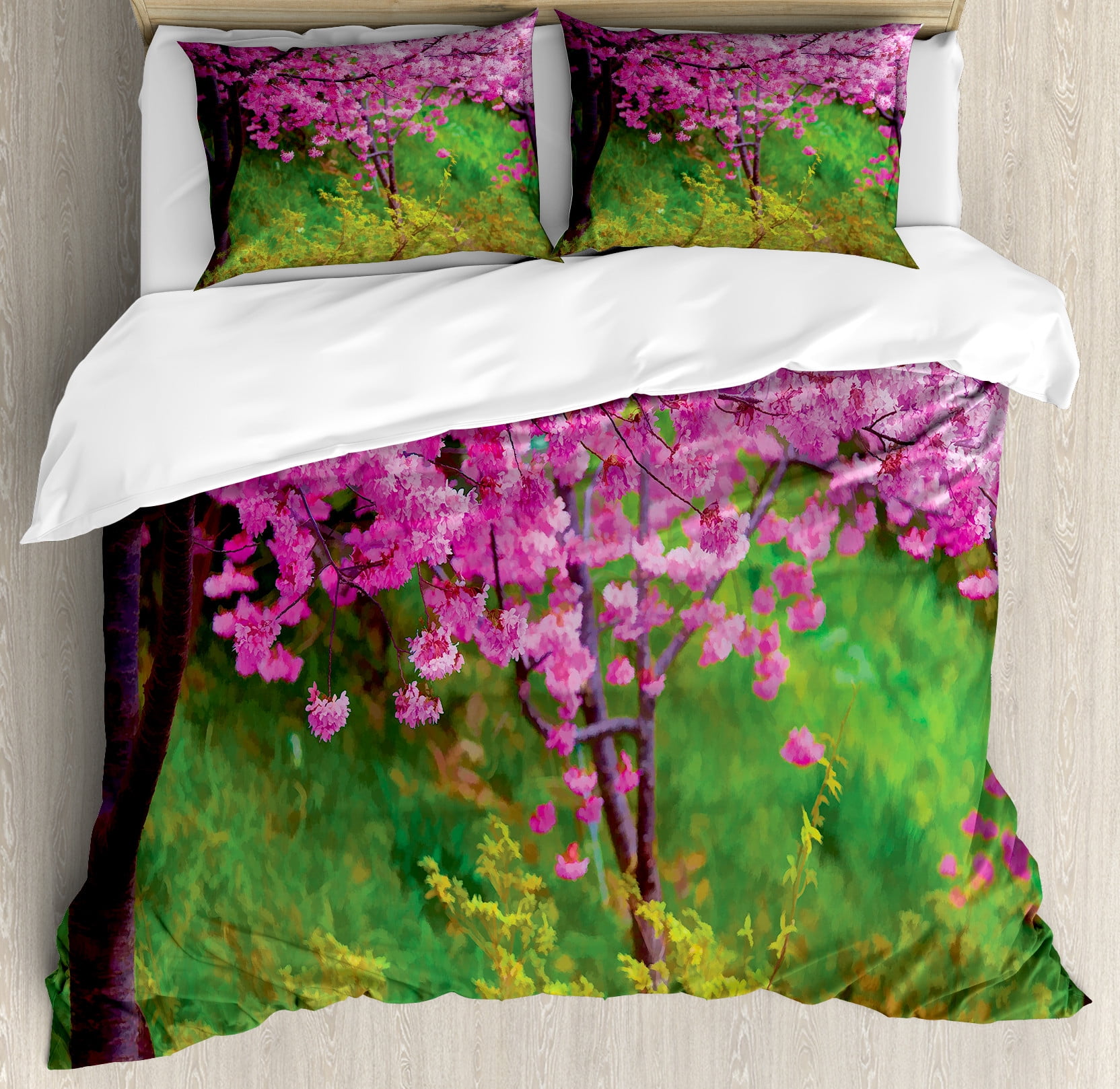 Japanese Duvet Cover Set, Sakura Flowers Trees in Spring Garden