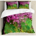 thumbnail image 1 of Japanese Duvet Cover Set, Sakura Flowers Trees in Spring Garden Landscape Floral Pink Blossom Pattern, Decorative 3 Piece Bedding Set with 2 Pillow Shams, King Size, Pink and Green, by Ambesonne, 1 of 3