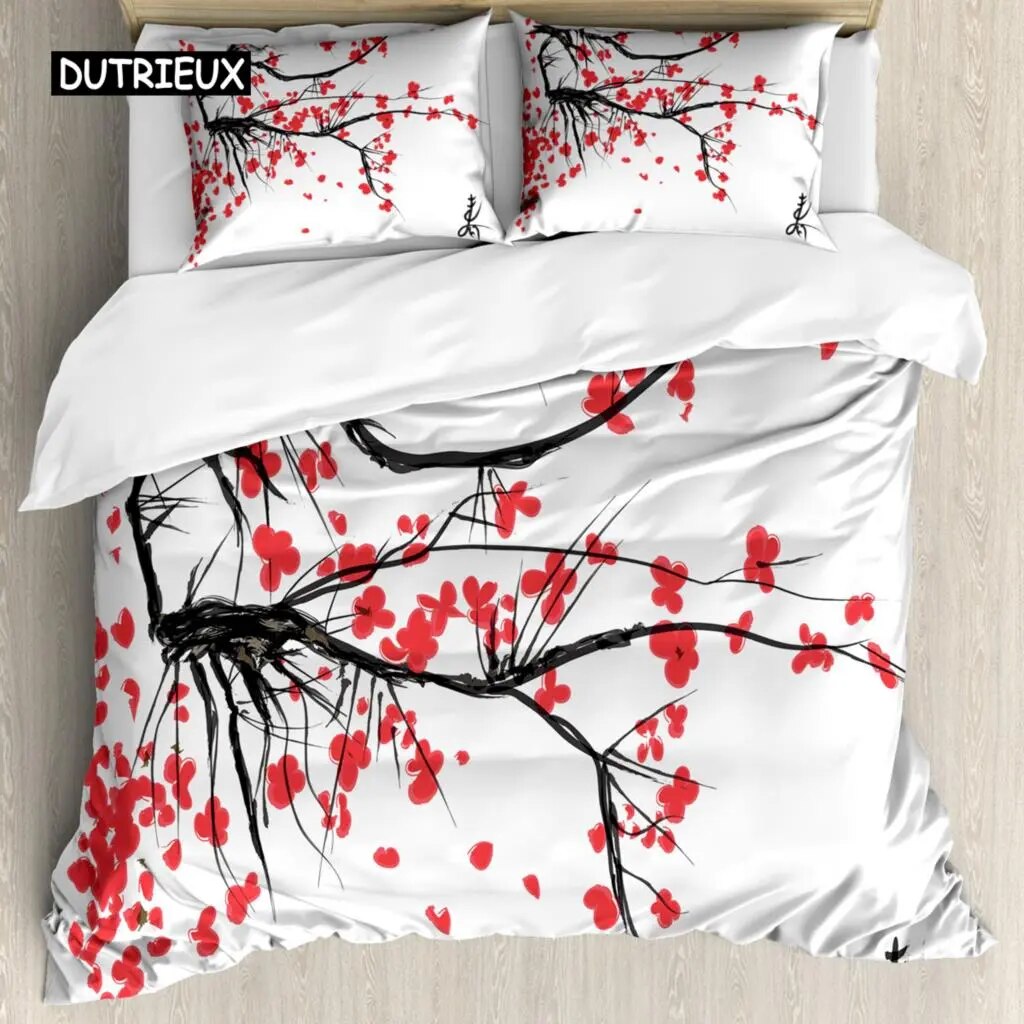 Japanese Duvet Cover Set Simplistic Cherry Blossom Tree Botanic Themed