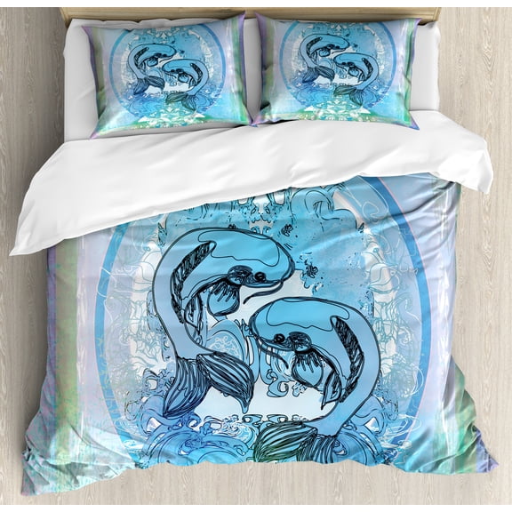Japanese Duvet Cover Set, Soul Mate Oriental Exotic Fishes on Gradient Round Framed Sea Illustration, Decorative 3 Piece Bedding Set with 2 Pillow Shams, King Size, Blue Lilac, by Ambesonne