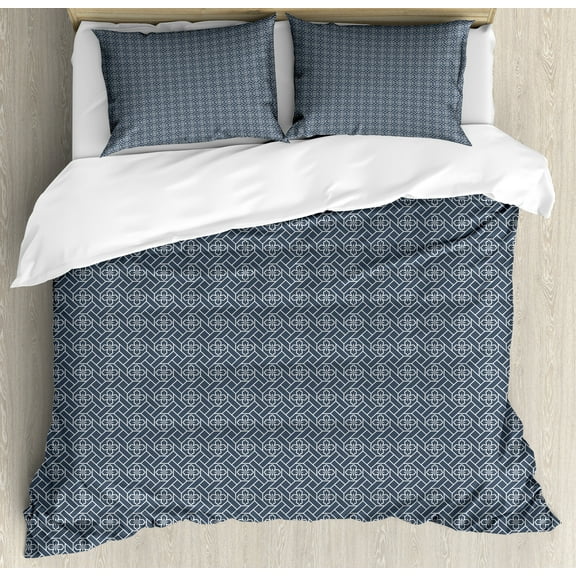 Japanese Duvet Cover Set, Spring Flower Motifs Eastern Geometric Graphic Ornate Pattern, Decorative 3 Piece Bedding Set with 2 Pillow Shams, King Size, Charcoal Grey Dark Blue, by Ambesonne