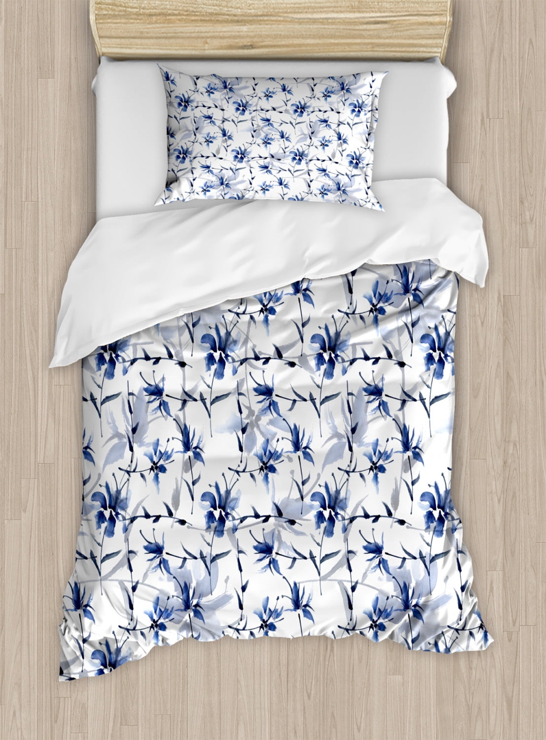 Twin Blue Floral Microfiber Duvet Cover Set