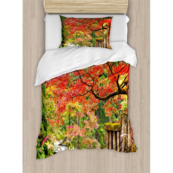 Japanese Duvet Cover Set Twin Size, Autumn Scenery with Sakura Tree Cherry Blooms in Nikko Provinence Japan, Decorative 2 Piece Bedding Set with 1 Pillow Sham, Vermilion Green Brown, by Ambesonne