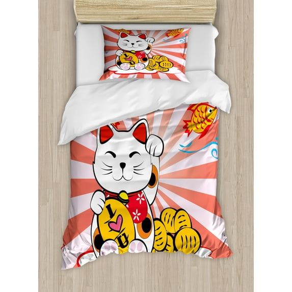 Japanese Duvet Cover Set Twin Size, Cartoon Style Oriental Composition with Starburst Lines Cat and Fishes Colorful, Decorative 2 Piece Bedding Set with 1 Pillow Sham, Multicolor, by Ambesonne