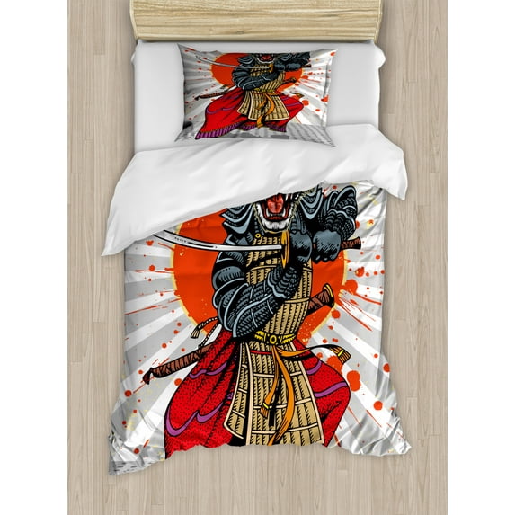 Japanese Duvet Cover Set Twin Size, Samurai Tiger with Traditional Clothes Starburst Lines and Paint Stains Background, Decorative 2 Piece Bedding Set with 1 Pillow Sham, Multicolor, by Ambesonne
