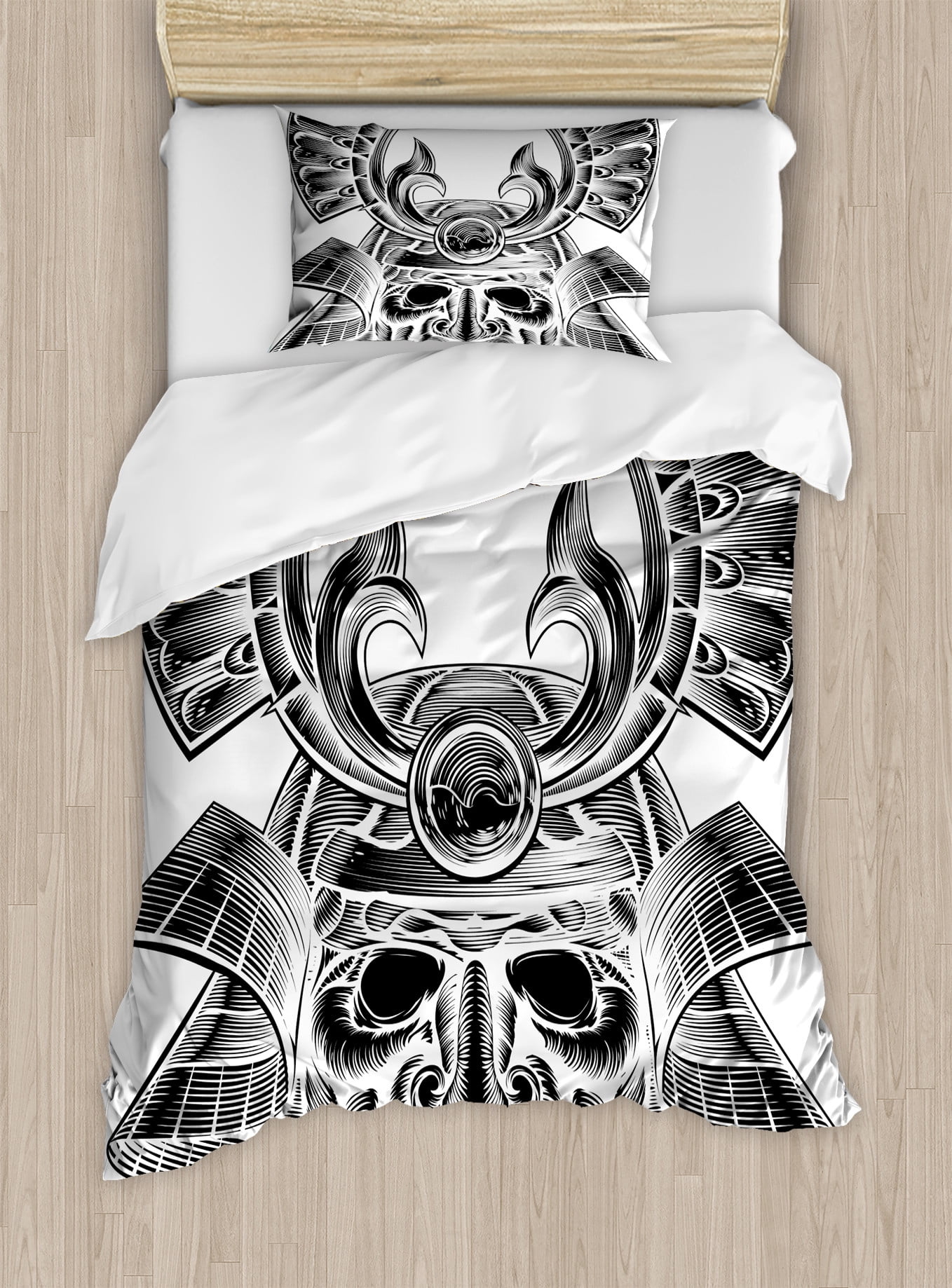 Twin White and Black Samurai Duvet Cover Set