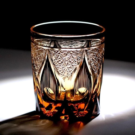 Japanese Edo Kiriko Crystal Whiskey Glass Tumbler Japanese Style Edo Kiriko Glass 9oz Amber Black for Bourbon, Scotch, Old Fashioned