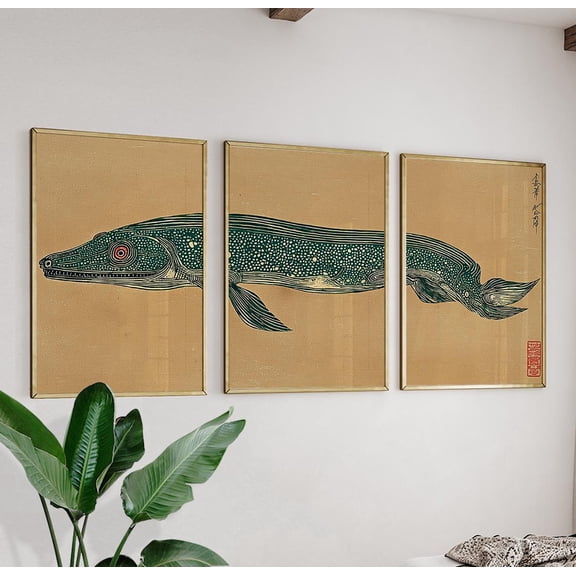 Japanese Eel Wall Art Posters Minimal Fish Illustration Vintage Triptych Set 3, Poster Only