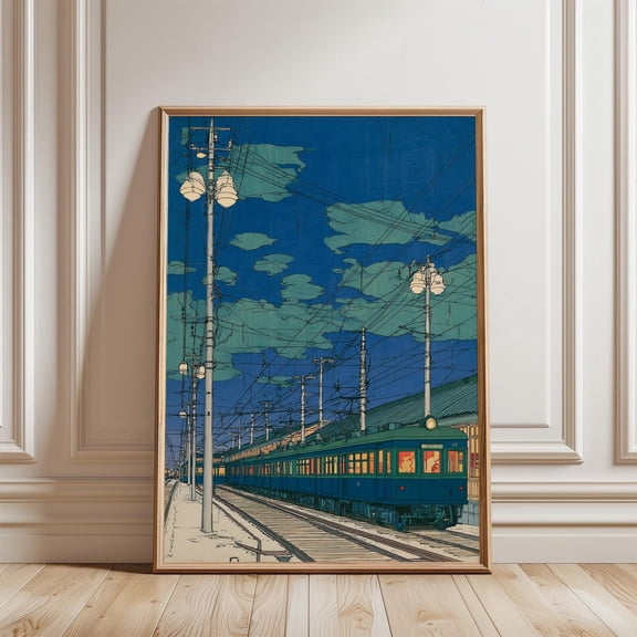 Japanese Electric Train Blue Night Railway Illustration Urban Wall Unframed Paper Print