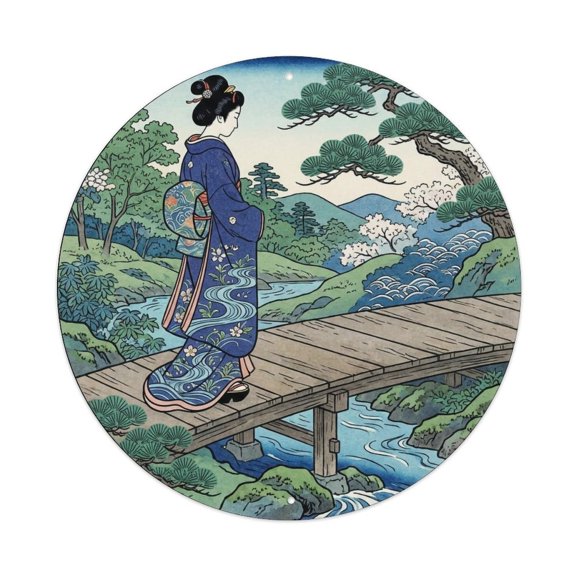 Japanese Elegant Lady Wooden Bridge Stream Serene View Vintage Metal Tin Sign Plaque Wall Decor for Cafe, Club, Garden Round Metal Poster 8x8Inch
