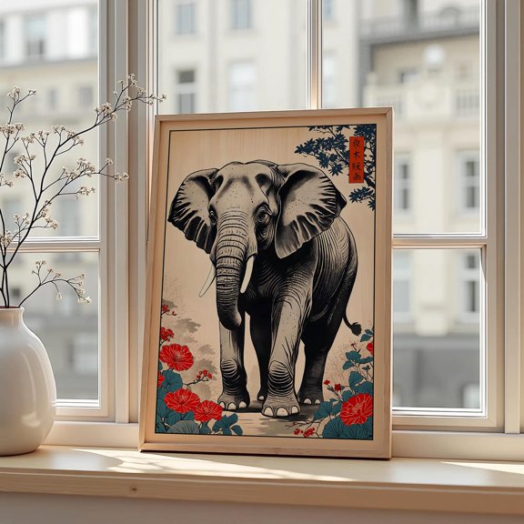 Japanese Elephant Ukiyo E Floral Vintage Travel Landscape Cityscape Wall Art Decor Unframed Paper Print