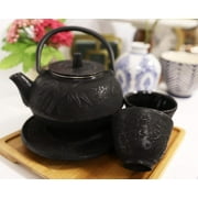 Japanese Evergreen Bamboo Black Traditional Heavy Cast Iron Tea Pot Set For 2