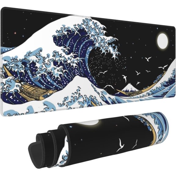 Japanese Extended Gaming Mouse Pad Sea Wave Mousepad 35.4 x 15.7 Inch, Non-Slip Rubber Base Desk Mat Kanagawa Surfing Black Japanese Mouse Pads PC Keyboard Mouse Mat for Home Office Desktop Decor