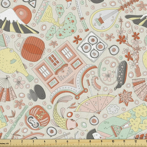 Ambesonne Japanese Fabric by the Yard Upholstery, Pastel Cultural, 3 Yards, Multicolor