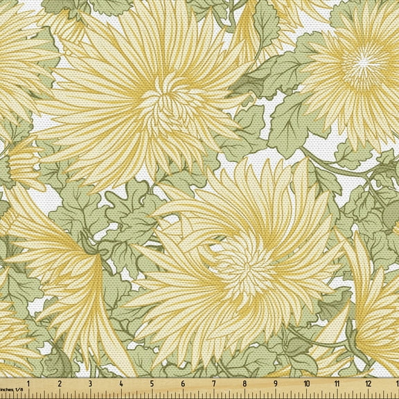 Ambesonne Japanese Fabric by the Yard Upholstery, Nature Chrysanthemum, 5 Yards, Sage Green Pale Mustard