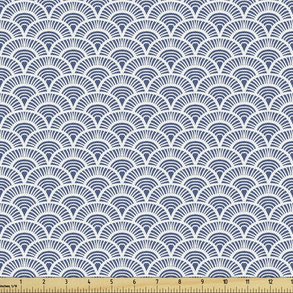 Ambesonne Japanese Fabric by the Yard Upholstery, Art Deco Scales Boho, 2 Yards, Blue White