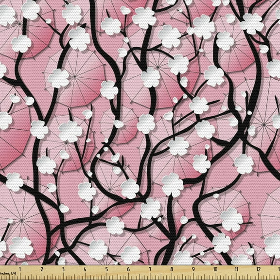 Ambesonne Pink Fabric by the Yard Upholstery, Sakura Tree Umbrellas, 1 Yard, Black Pink