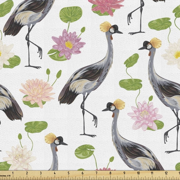 Japanese Fabric by the Yard Upholstery, Oriental Bird Design with Water Lily Vintage Illustration in Watercolor, Decorative Fabric for DIY and Home Accents, 10 Yards, Multicolor by Ambesonne