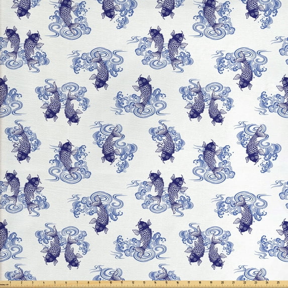 Ambesonne Animal Fabric by the Yard Upholstery, Japanese Style Carp, 2 Yards, Dark Blue