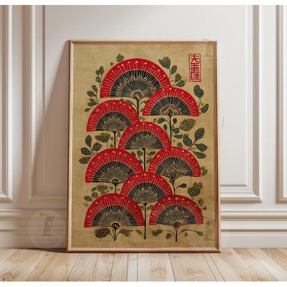 Japanese Fan Pattern Red Black Poster Unframed Paper Print