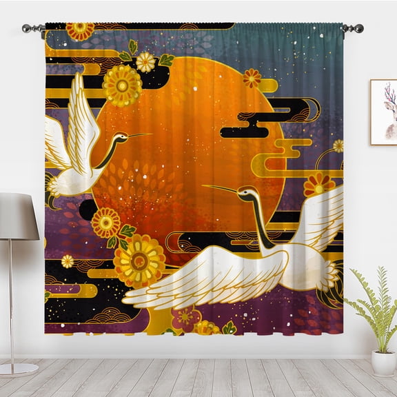 Japanese Fantasy Crane Window Curtain Sun Cloud Crane Traditional Aesthetic drapes Ukiyo Art Window Treatments For Room Bedroom Home Decor(Rod pocket)