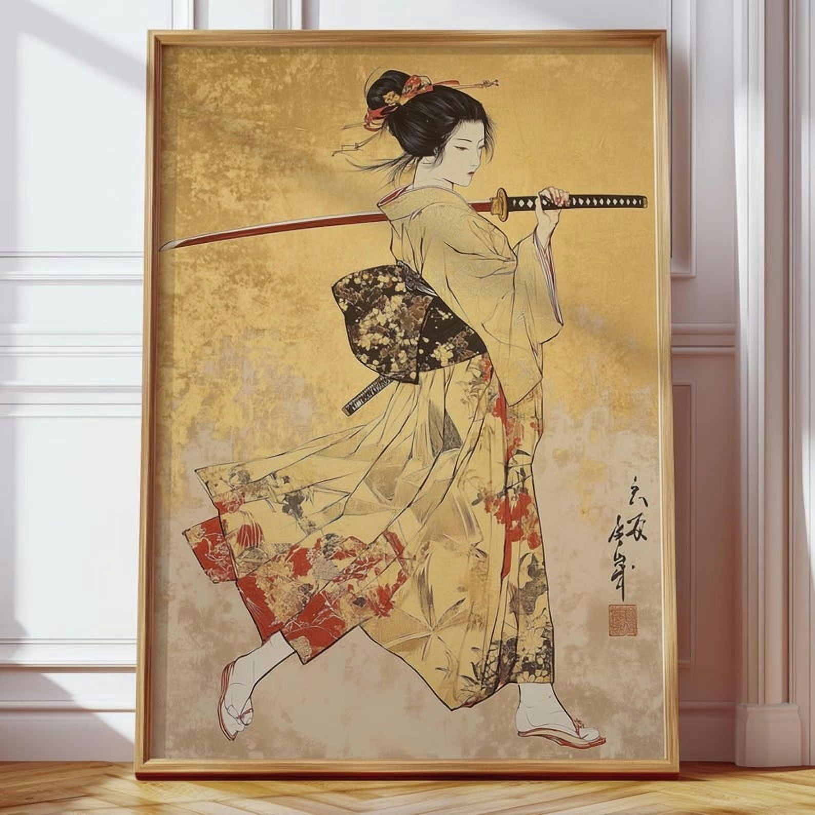 Japanese Female Samurai Poster, Golden Ukiyo-e Wall Art, Samurai Woman with Katana, Ancient Japanese Art Print - 16x24 UNFRAMED