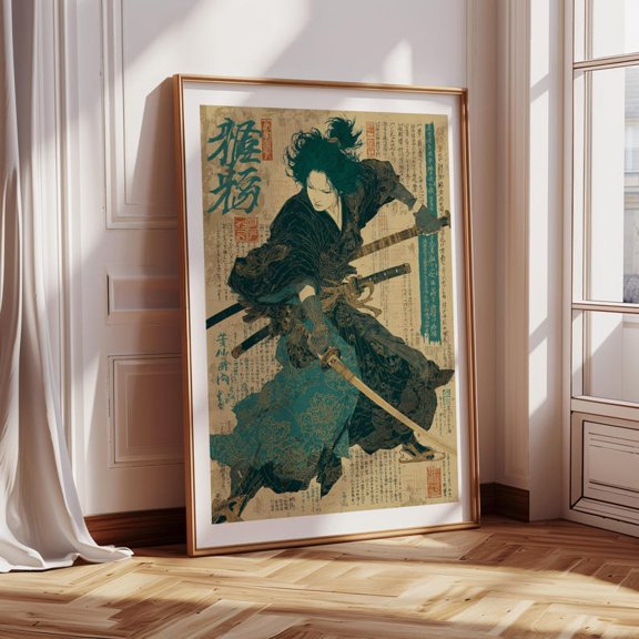 Japanese Female Samurai Wall Art | Warrior Woman Poster Print | Traditional Ukiyo-e Style | Jade & Crimson Accents | Japandi Home Decor, 8x12 Inches, UNFRAMED