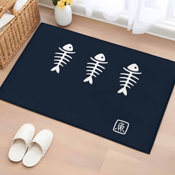 Japanese Fish Bathroom Rug Washable 2x3 Entryway Rug Non Slip Abstract Cartoon Navy Blue Front Door Mat Low Pile Indoor Doormat Throw Floor Carpet for Kitchen Bedroom Entrance